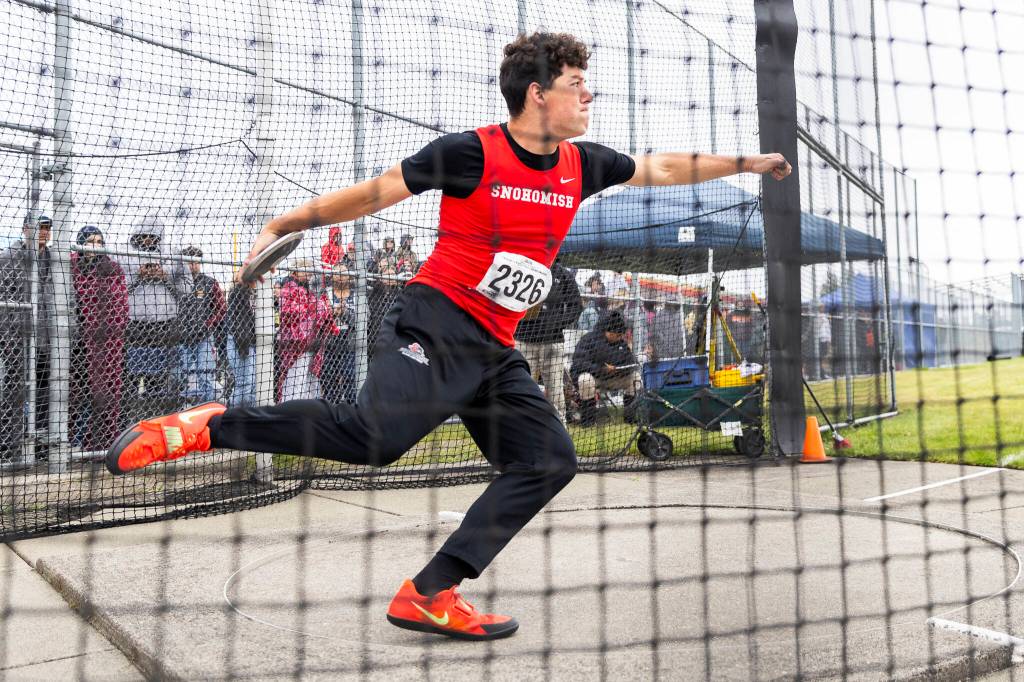 Snohomishs Garrett Gunnerson throws during the 3A discus final during the WIAA State Track & Field Championships on Friday, May 29, 2026 in Tacoma, Washington. (Olivia Vanni / The Herald)