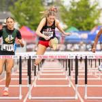 Mountlake Terraces Brynlee Dubiel runs in the 3A 100M hurdles final during the WIAA State Track & Field Championships on Friday, May 29, 2026 in Tacoma, Washington. (Olivia Vanni / The Herald)