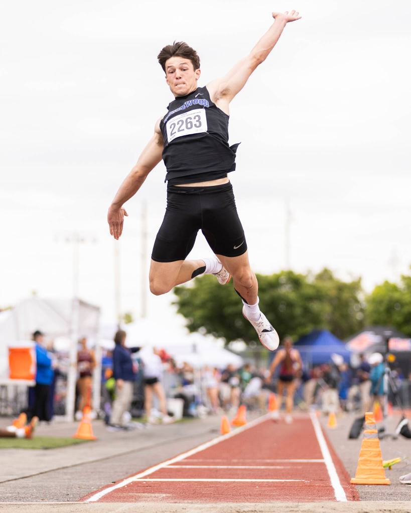 Shorewoods Jaden Marlow competes in the 3A long jump final during the WIAA State Track & Field Championships on Friday, May 29, 2026 in Tacoma, Washington. (Olivia Vanni / The Herald)