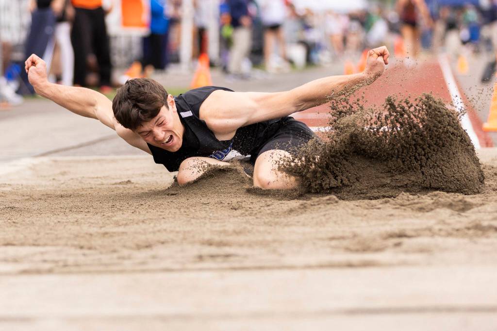 Shorewoods Jaden Marlow competes in the 3A long jump final during the WIAA State Track & Field Championships on Friday, May 29, 2026 in Tacoma, Washington. (Olivia Vanni / The Herald)