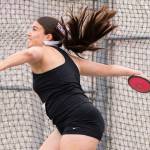 Lynnwoods Ena Dodik warms up before the 3A discus final during the WIAA State Track & Field Championships on Friday, May 29, 2026 in Tacoma, Washington. (Olivia Vanni / The Herald)