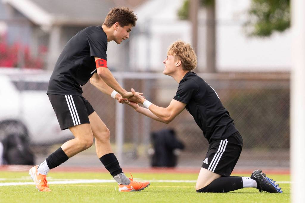 Shorewoods Julian Shook reacts after a foul is called in the box on Blanchet during the 3A state semifinal game on Friday, May 29, 2026 in Puyallup, Washington. (Olivia Vanni / The Herald)