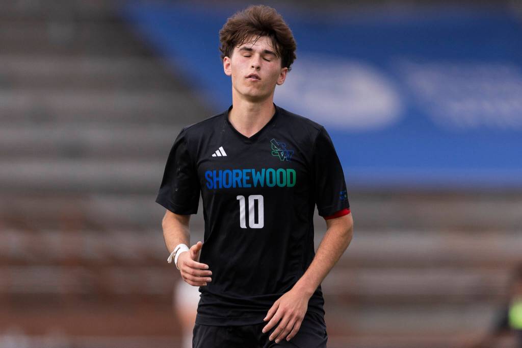 Shorewoods Nikola Genadiev reacts after missing a shot during the 3A state semifinal game against Blanchet on Friday, May 29, 2026 in Puyallup, Washington. (Olivia Vanni / The Herald)