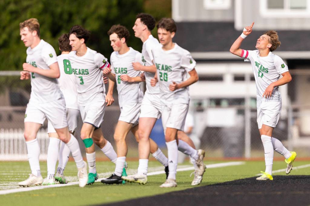 Bishop Blanchets Max Ames reacts after scoring a goal to tie the game during the 3A state semifinal game against Shorewood on Friday, May 29, 2026 in Puyallup, Washington. (Olivia Vanni / The Herald)