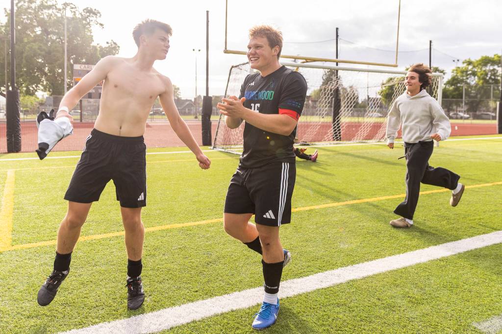Shorewoods Caleb Butler celebrates after beating Blanchet in a shoot out to advance to the 3A state championship on Friday, May 29, 2026 in Puyallup, Washington. (Olivia Vanni / The Herald)