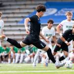 Shorewoods Nikola Genadiev takes a penalty shot during the first half to score the first goal of the game during the 3A state semifinal game against Blanchet on Friday, May 29, 2026 in Puyallup, Washington. (Olivia Vanni / The Herald)