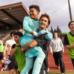 Shorewoods Tajidin Babayev carries Shorewoods Maxwell Smith after beating Bishop Blanchet to advance to the 3A state championship on Friday, May 29, 2026 in Puyallup, Washington. (Olivia Vanni / The Herald)