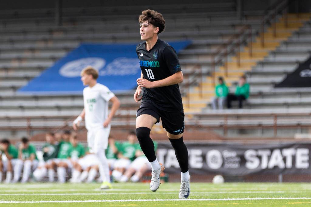 Shorewoods Nikola Genadiev reacts after scoring during the first half of the 3A state semifinal game against Blanchet on Friday, May 29, 2026 in Puyallup, Washington. (Olivia Vanni / The Herald)