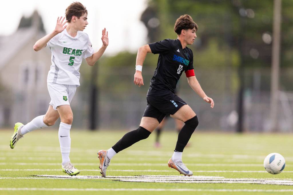 Shorewoods Nikola Genadiev takes the ball up the field during the 3A state semifinal game against Blanchet on Friday, May 29, 2026 in Puyallup, Washington. (Olivia Vanni / The Herald)