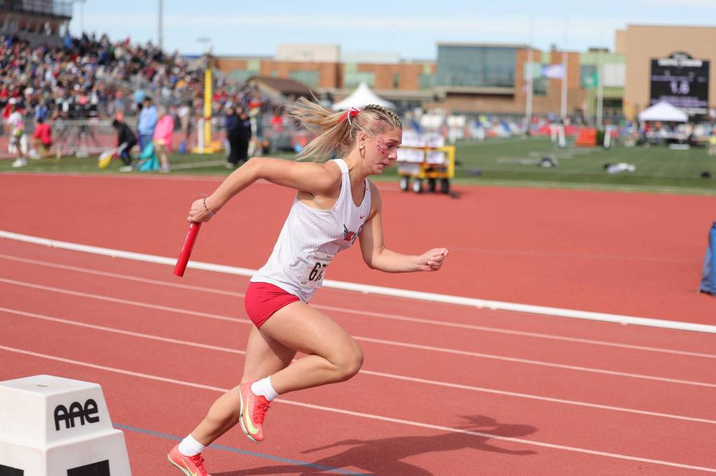 Laila Christensen of King's High School competes at the Class 1A/2B/1B state track meet, which took place May 28-30, 2026 at Zaepfel Stadium in Yakima, Washington. (Photo courtesy of Donna Beard)