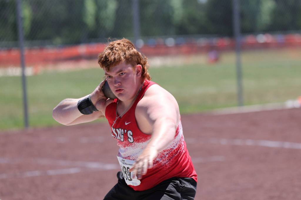 Angelo Gasperetti of King's High School competes at the Class 1A/2B/1B state track meet, which took place May 28-30, 2026 at Zaepfel Stadium in Yakima, Washington. (Photo courtesy of Donna Beard)