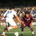 Shorewoods Ian Baxter (left) dribbles against Mercer Islands Jesus Aquino (right) during the 2026 class 3A boys soccer state championship game on Saturday, May 30, 2026 at Sparks Stadium in Puyallup. (Qasim Ali / The Herald)