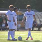 From left to right: Shorewood boys soccer seniors Nikola Niki Genadiev, Meiron Bereket and Daniel Bruno prepare for a free kick during the 2026 class 3A boys soccer state championship game against Mercer Island on Saturday, May 30, 2026 at Sparks Stadium in Puyallup. (Qasim Ali / The Herald)