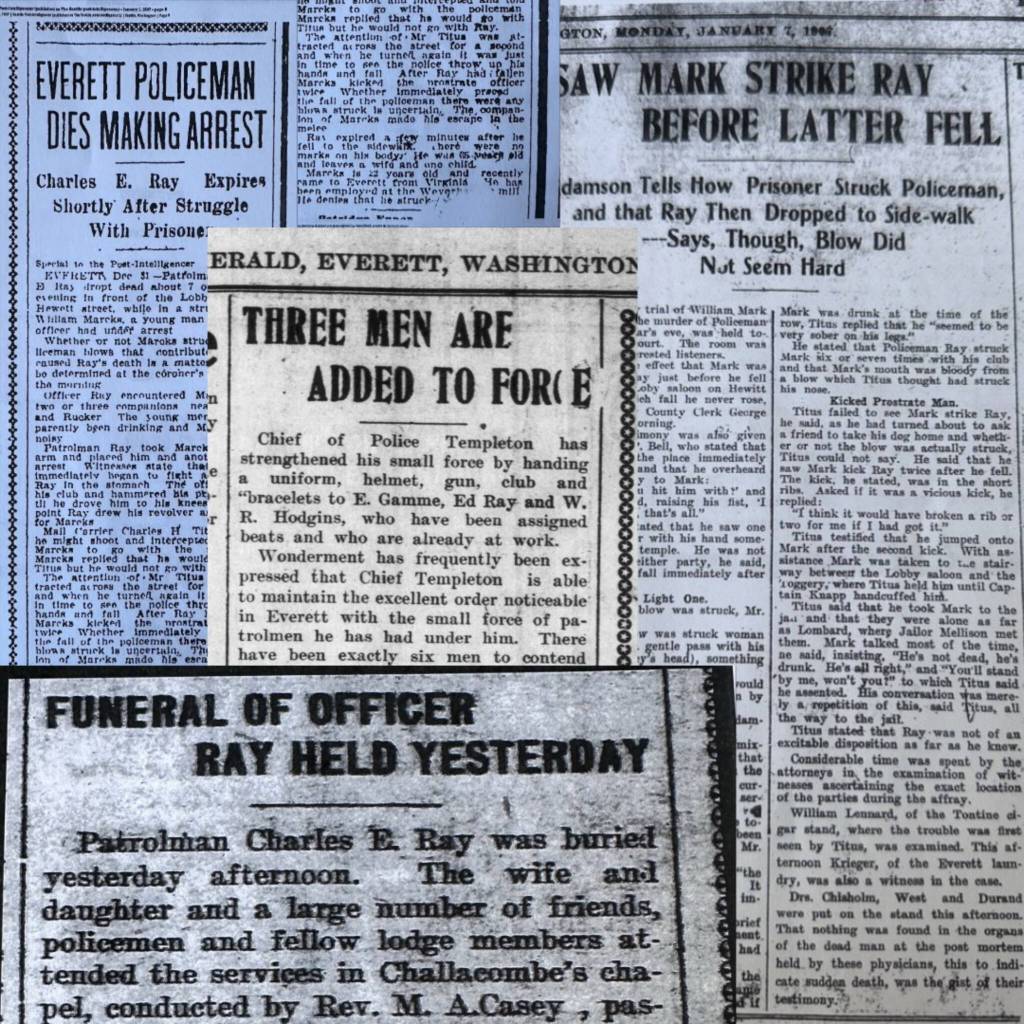 Articles from The Daily Herald archive detailing Charles Ed Rays hiring by the Everett Police Department and his eventual death that same year. (Courtesy of Everett Police Department)