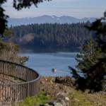 A boat travel east through Deception Pass past the Pass Island Viewpoint on Monday, March 2, 2026 in Anacortes, Washington. (Olivia Vanni / The Herald)