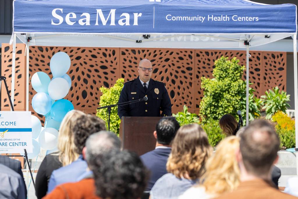 Lynnwood Police Chief Cole Langdon speaks during a grand opening event for the Lynnwood Crisis Care Center on Monday, June 1, 2026, in Lynnwood, Washington. (Olivia Vanni / The Herald)