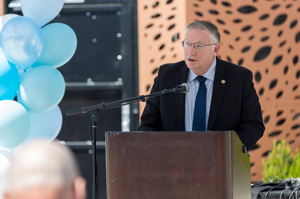 Lynnwood Mayor George Hurst speaks during a grand opening event for the Lynnwood Crisis Care Center on Monday, June 1, 2026, in Lynnwood, Washington. (Olivia Vanni / The Herald)