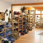 Pieces of pottery line the shelves at the showroom at Bruning Pottery at 115 Avenue D in Snohomish.