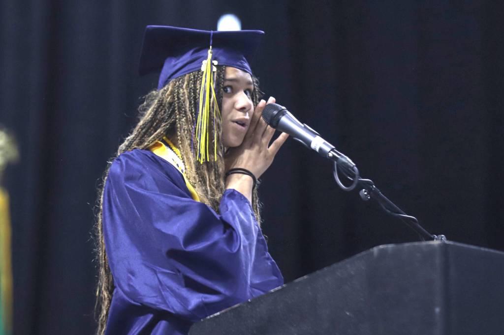 Everett High School graduate Ugonna Ekeh speaks during commencement at the Angel of the Winds Arena on Saturday, June 13, 2026, in Everett, Washington. (Michael Hennneke / The Herald)
Everett High School graduate Ugonna Ekeh speaks during commencement at the Angel of the Winds Arena on Saturday, June 13, 2026, in Everett, Washington. (Michael Hennneke / The Herald)