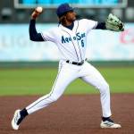 Felnin Celesten of the Everett AquaSox hit a grand slam home run in a 5-3 win over the Eugene Emeralds on Wednesday, June 3, 2026. (Photo courtesy of Evan Morud / Everett AquaSox)
