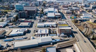 A view of one of the potential locations of the new Aquasox stadium on Monday, Feb. 26, 2024 in Everett, Washington. The site sits between Hewitt Avenue, Broadway, Pacific Avenue and the railroad. (Olivia Vanni / The Herald)