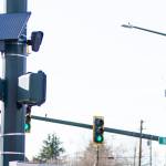 A Flock camera at the corner of Broadway and Everett Avenue on Monday, April 6, 2026 in Everett, Washington. (Olivia Vanni / The Herald)
