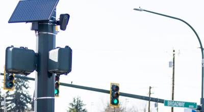 A Flock camera at the corner of Broadway and Everett Avenue on Monday, April 6, 2026 in Everett, Washington. (Olivia Vanni / The Herald)