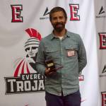 Former EvCC cross country coach Matt Koenigs gets inducted into the EvCC Athletics Hall of Fame at the Walt Price Student Fitness Center on June 2, 2026. (Joe Pohoryles / The Herald)