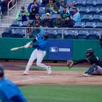 AquaSox catcher Luke Stevenson drives in a run during Everetts 12-2 win against the Eugene Emeralds at Everett Memorial Stadium on June 4, 2026. (Joe Pohoryles / The Herald)