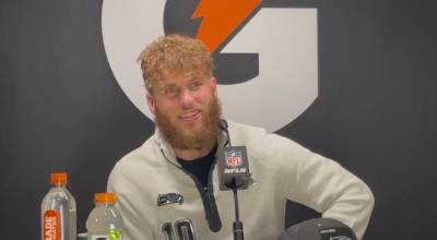 Seahawks receiver Cooper Kupp talks about Efton Chism III at the Super Bowl Opening Night event at the San Jose Convention Center on Monday, Feb. 2, 2026. (Aaron Coe / The Herald)