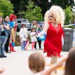 Drag queen Sin OMatic performs at the inaugural Mountlake Terrace Pride event on Friday, June 5, 2026, in Mountlake Terrace, Washington. (Will Geschke / The Herald)