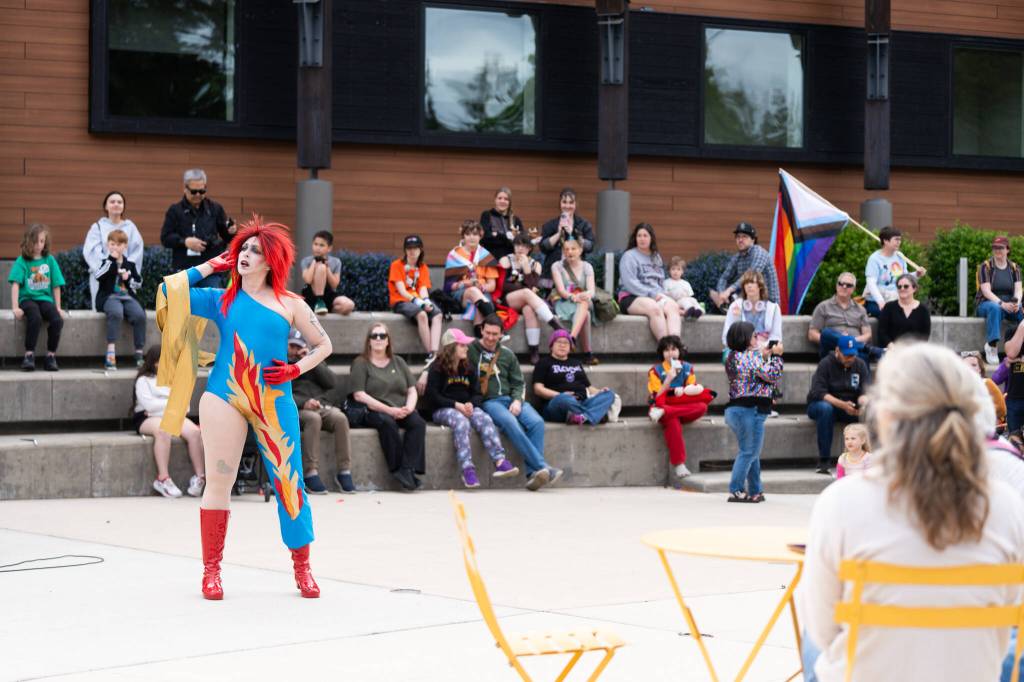 Drag queen Kitzen Zammer performs at the inaugural Mountlake Terrace Pride event on Friday, June 5, 2026, in Mountlake Terrace, Washington. (Will Geschke / The Herald)