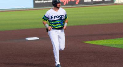 Cal Raleigh of the Seattle Mariners jogs back to the dugout at the end of the sixth inning shortly after singling during his rehab appearance with the Everett AquaSox on Sunday, June 7, 2026 at Everett Memorial Stadium in Everett, Washington. (Photo courtesy of Mason Coe)