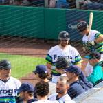 Cal Raleigh of the Seattle Mariners talks to Everett AquaSox players as the Eugene Emeralds make a pitching change on Sunday, June 7, 2026 at Everett Memorial Stadium in Everett, Washington. (Photo courtesy of Mason Coe)
