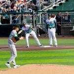 Cal Raleigh of the Seattle Mariners signals to the Everett AquaSox dugout after a base hit during his rehab assignment on Sunday, June 7, 2026 at Everett Memorial Stadium in Everett, Washington. (Photo courtesy of Mason Coe)
