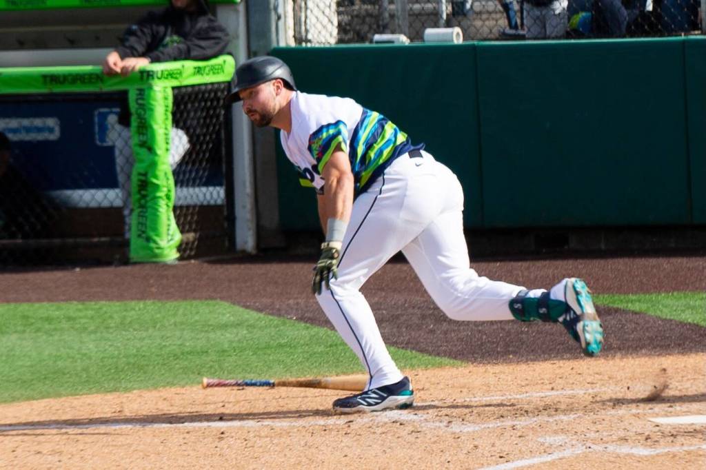 Cal Raleigh of the Seattle Mariners runs to first base for Everett AquaSox during his rehab assignment on Sunday, June 7, 2026 at Everett Memorial Stadium in Everett, Washington. (Photo courtesy of Mason Coe)