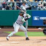 Jhonny Level bats for the Eugene Emeralds against the Everett AquaSox at Everett Memorial Stadium in Everett, Washington on June 7, 2026. (Photo courtesy of Mason Coe)