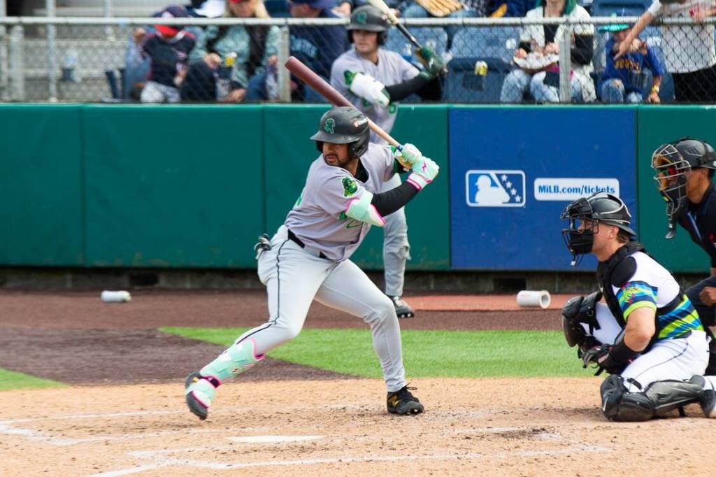 Jhonny Level bats for the Eugene Emeralds against the Everett AquaSox at Everett Memorial Stadium in Everett, Washington on June 7, 2026. (Photo courtesy of Mason Coe)