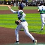 Jonny Farmelo tosses the ball to himself as he jogs out to center field at the start of the Everett AquaSox game against the Eugene Emeralds on Sunday, June 7, 2026 at Everett Memorial Stadium in Everett, Washington. (Photo courtesy of Mason Coe)