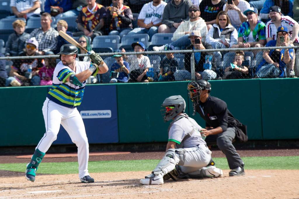 Cal Raleigh of the Seattle Mariners bats for Everett AquaSox during his rehab assignment on Sunday, June 7, 2026 at Everett Memorial Stadium in Everett, Washington. (Photo courtesy of Mason Coe)