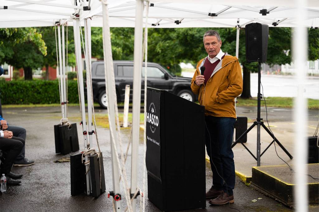 Duane Leonard, the namesake of the affordable housing project, Leonard Crossing, speaks during the groundbreaking on Tuesday, June 9, 2026, in Marysville, Washington. (Will Geschke / The Herald)