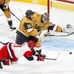Jordan Staal #11 of the Carolina Hurricanes scores against Colton Sissons #10 and Carter Hart #79 of the Vegas Golden Knights in the third period of Game 4 of the 2026 Stanley Cup Final at T-Mobile Arena on June 09, 2026 in Las Vegas, Nevada. (Ethan Miller / Getty Images / The Athletic)