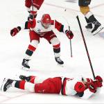 Nikolaj Ehlers #27 of the Carolina Hurricanes celebrates with Jordan Staal #11 after he scored a goal against the Vegas Golden Knights in the third period of Game 4 of the 2026 Stanley Cup Final at T-Mobile Arena on June 09, 2026 in Las Vegas, Nevada. (Ethan Miller / Getty Images / The Athletic)