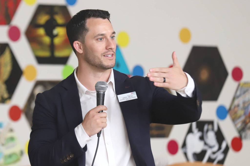 Snohomish County Council member Jared Mead speaks during World Refugee Day at Edmonds College's Brier Hall on Friday, June 12, 2026, in Edmonds, Washington. (Michael Hennneke / The Herald)