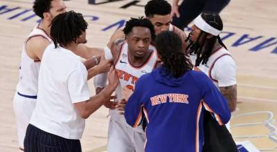 OG Anunoby of the New York Knicks celebrates after scoring the go-ahead basket against the San Antonio Spurs in the final seconds with Karl-Anthony Towns and Jordan Clarkson during the fourth quarter in Game 4 of the 2026 NBA Finals at Madison Square Garden on Wednesday, June 10, 2026 in New York City. (Al Bello / Getty Images / The Athletic)