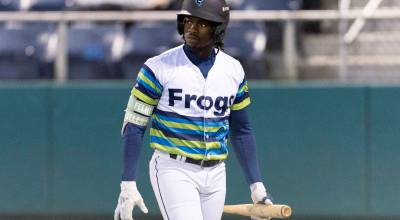 Felnin Celesten (5) of the Everett AquaSox looks on after striking out during the game against the Tri-City Dust Devils on Tuesday, April 7, 2026 in Everett, Washington. (Olivia Vanni / The Herald)