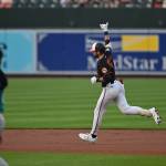 The Baltimore Orioles' Colton Cowser (17) celebrates in the third inning after hitting a home run against the Seattle Mariners at Oriole Park at Camden Yards on Thursday, June 11, 2026, in Baltimore. (Jamie Sabau / Getty Images / Tribune News Services)