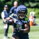 Seahawks rookie running back Jadarian Price (8) runs during a drill at Seahawks final minicamp practice on Thursday, June 11, 2026 at the Virginia Mason Athletic Center in Renton, Washington. (Photo courtesy Rod Mar / Seattle Seahawks)