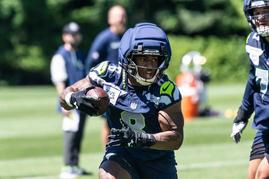 Seahawks rookie running back Jadarian Price (8) runs during a drill at Seahawks final minicamp practice on Thursday, June 11, 2026 at the Virginia Mason Athletic Center in Renton, Washington. (Photo courtesy Rod Mar / Seattle Seahawks)