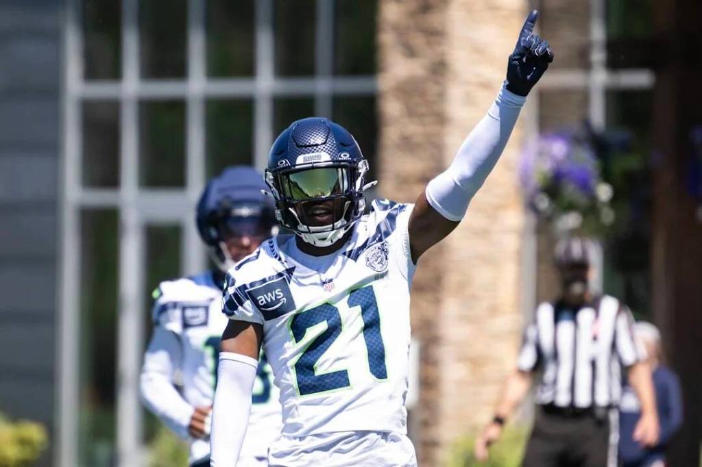 Seahawks cornerback Devon Witherspoon (21) celebrates a play at Seahawks final minicamp practice on Thursday at the Virginia Mason Athletic Center in Renton. (Photo courtesy of the Seattle Seahawks)